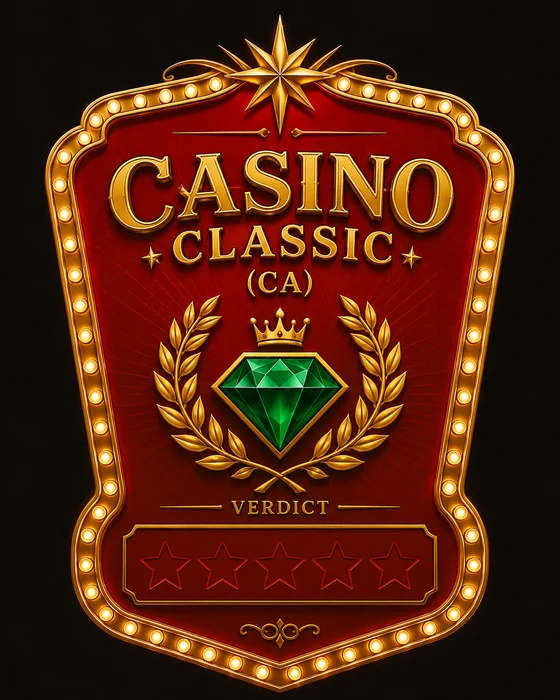 Casino Classic editorial verdict crest, red and gold